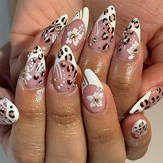 Leopardenmuster Weiße Blumen Strass Design Press On Nails, Mandelform Künstliche Nägel Kurz, Soft Gel Nägel Zum Aufkleben, Klebenägel Falsche Nagelspitzen