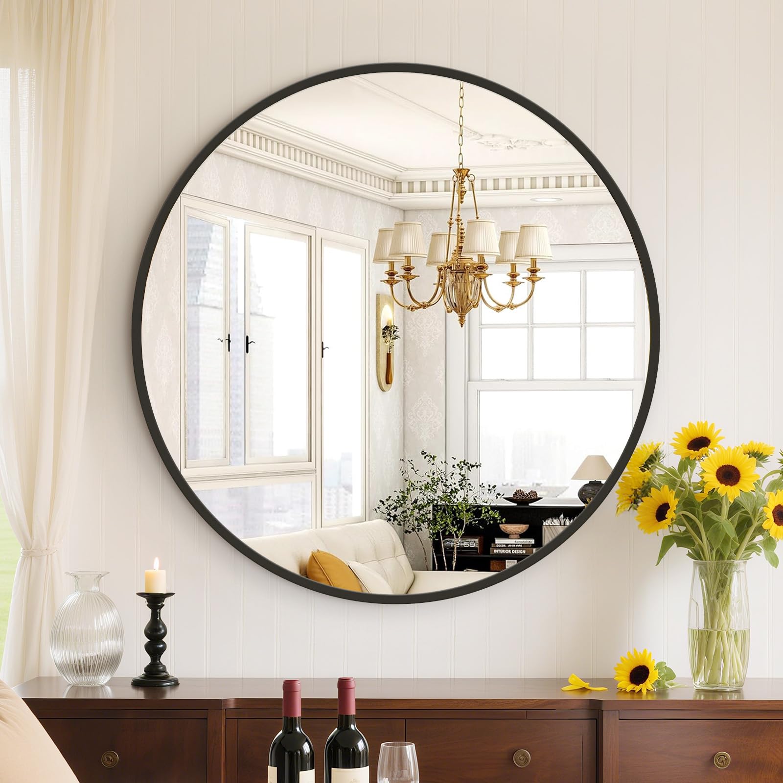 Sweetcrispy 28in Black Round Bathroom Mirrors for Wall, Bathroom Mirrors for Over Sink, Wall Decor for Bathroom, Entryway, Bedroom, Vanity