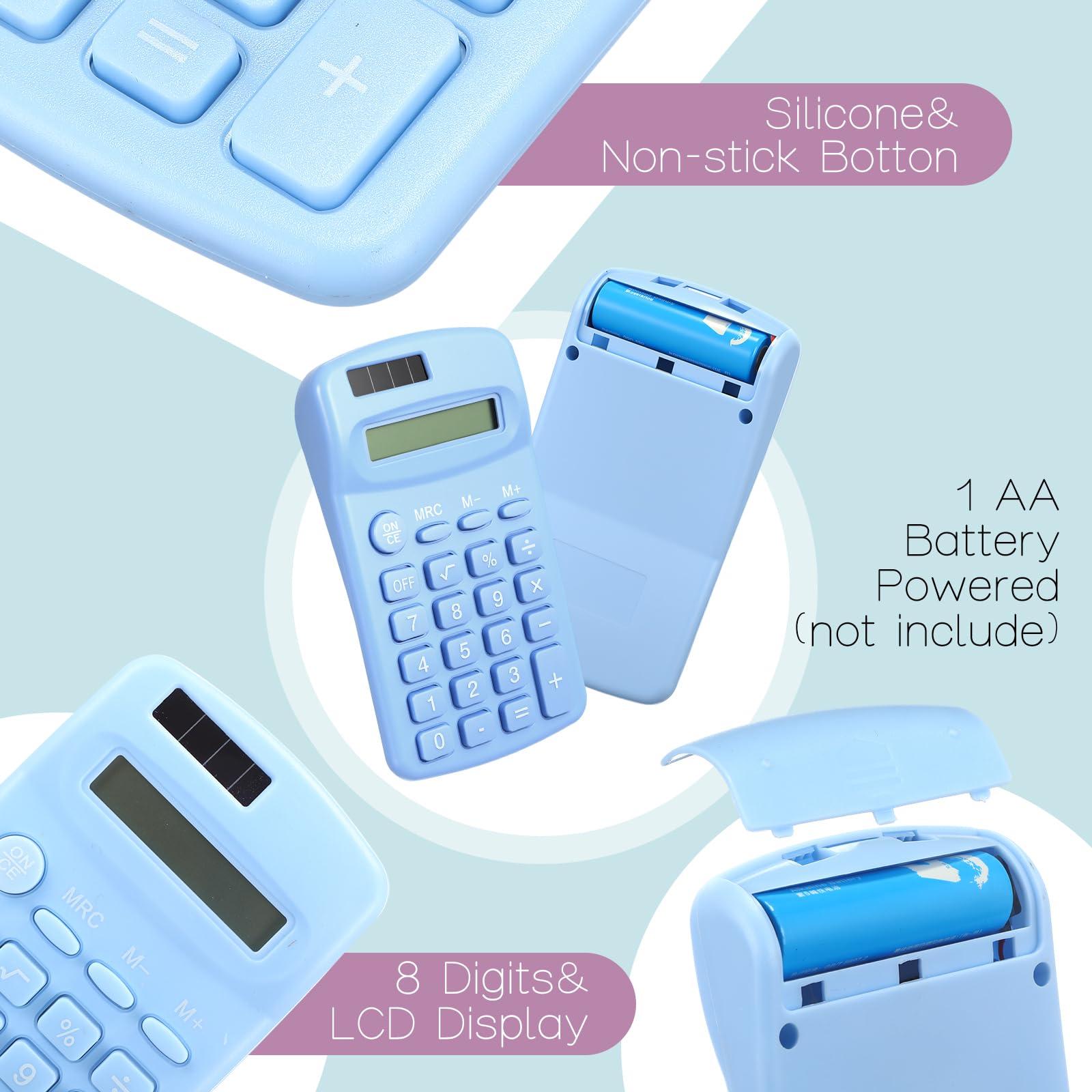 Flutesan Confezione da 30 calcolatrici tascabili, piccole dimensioni, alimentate a batteria, 4 funzioni, calcolatrice di base per studenti, bambini, scuola, casa, ufficio (bianco, rosa, blu)