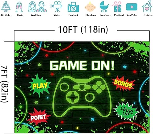 Miniatura 7 de Mocsicka Fondo de fiesta de cumpleaños de videojuegos sobre fondo de cumpleaños de niños, luz verde, decoración de fiesta de juegos, pancarta,