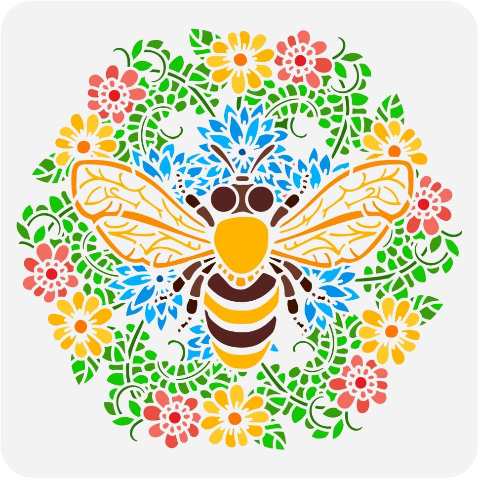 FINGERINSPIRE Bee Wreath Stencil for Painting (11.8x11.8 inches) — Reusable Bee Flower Mandala Drawing Template Large Flowers Wreath Stencil Hollowed Animal Theme Template for Painting on Wood Fabric Canvas