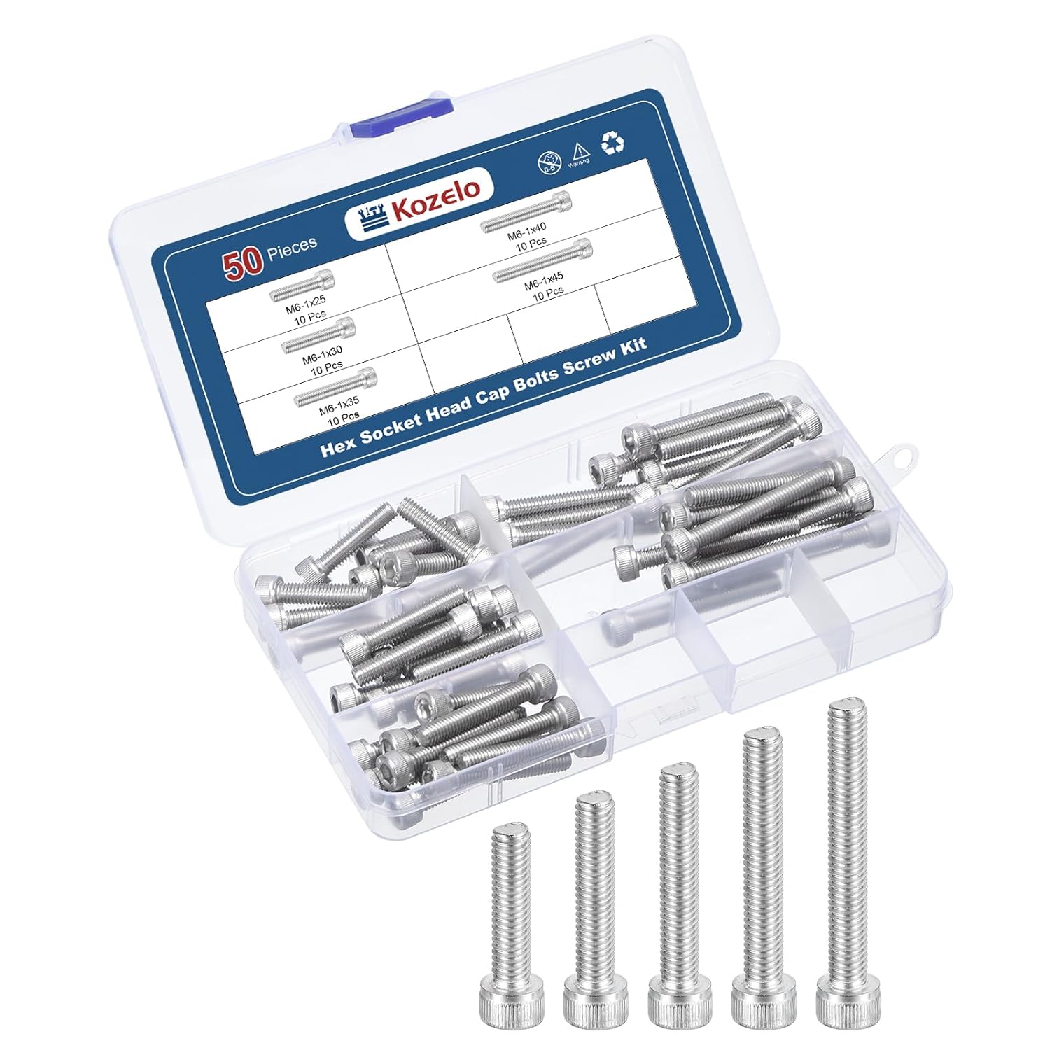 50pcs M6 Socket Head Cap Screws Bolts Nuts Assortment Kit - [M6x25/30/35/40/45mm] 304 Stainless Steel Allen Socket Drive for 3D Printer