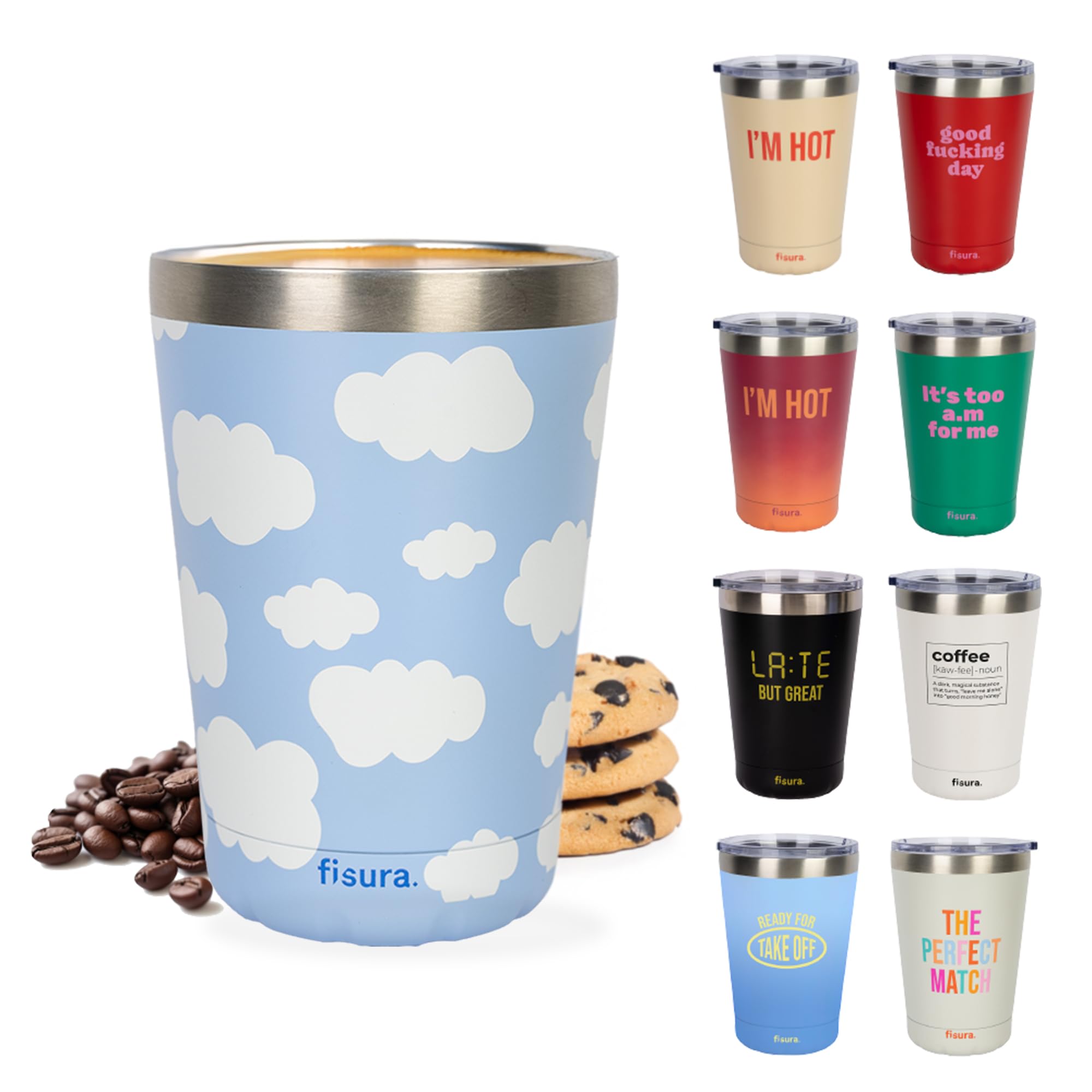 Fisura - Original Thermos Flask for hot Drinks, Thermal Coffee Travel Mug Leakproof, 310 of Capacity, Insulated Coffee Mug Made of Stainless Steel, Different Designs (Clouds, Blue)