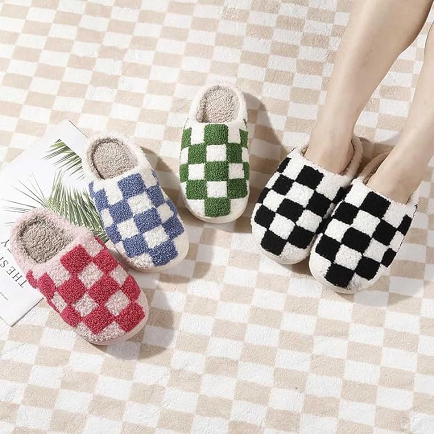 Checkered Slippers - Men & Women's Funny, Fluffy House & Outdoor Shoes - Memory Foam, Warm, Plush Bedroom Slippers for Winter - Image 6