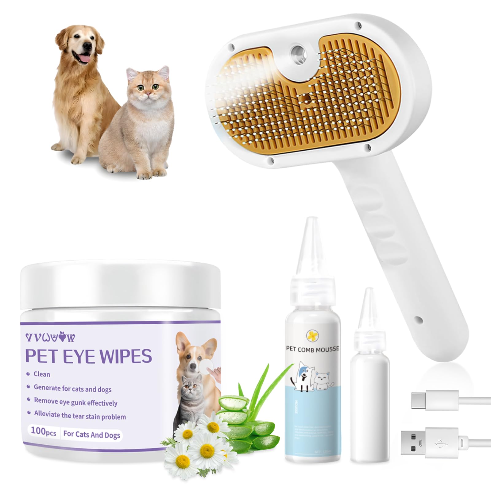 Pet Steam Brush for Dog & Cat – 3-in-1 Spray Hair Removal Comb – Steam Brush for Shedding & Grooming –Spritz Defur Comb–Includes Waterless Shampoo & Eye Wipes