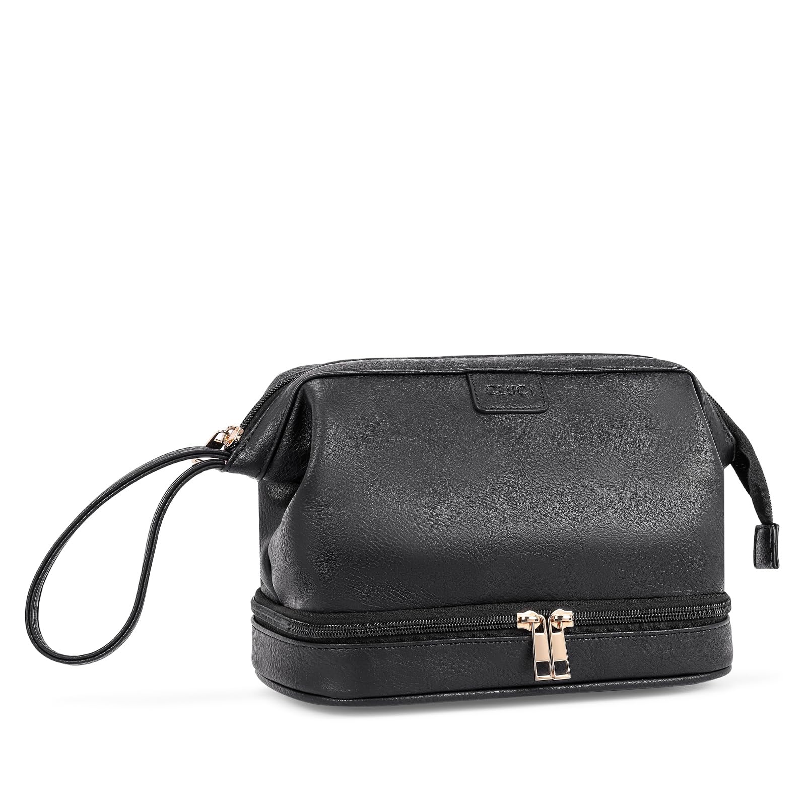 CLUCITravel Makeup Bag, Double Layer Cosmetic Bag for Women, Large Capacity Makeup Organizer, Portable PU Leather Cosmetic Travel Bags,Water-resistant Traveling Toiletry Bag for Women and Girls