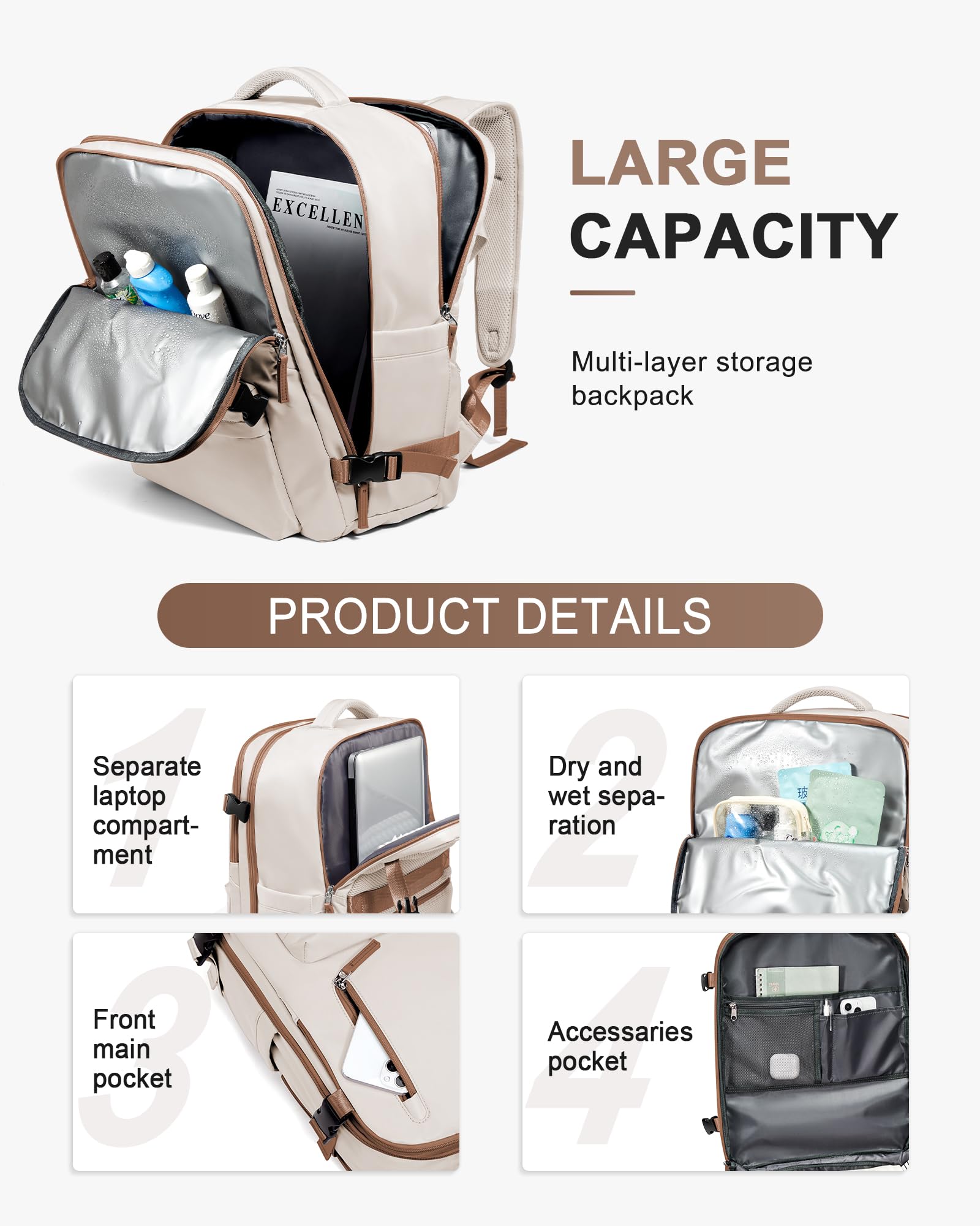 Zaino da Viaggio per Easyjet 45x36x20 Bagaglio a Mano Zaino Borse da Cabina per Easyjet Il Sedile Zaino Aereo Bagaglio a Mano Donna Borsa Cabina Viaggio Zaino Viaggio Casual Daypack,Marrone giallastro