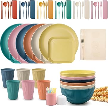 48 Pieces Wheat Straw Dinnerware Sets for 6,Reusable Plates Bowls, Outdoor Camping Dishes Kitchen Plates Cups and Bowls Set,Microwave&Dishwasher Safe Tableware,Lightweight & Unbreakable