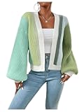 SHENHE Women's Color Block Open Front Long Sleeve Ribbed Knit Cropped Cardigan Sweaters