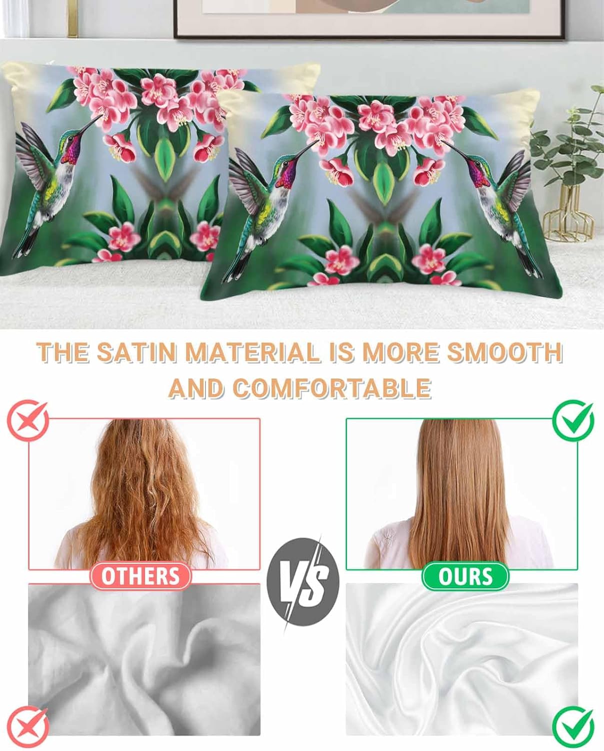 抱き枕カバー 枕カバー ハチドリと花 春 ピローケース ソファ インテリア 高級サテン柔らかな肌触り ファスナー 冷感 ひんやり 5
