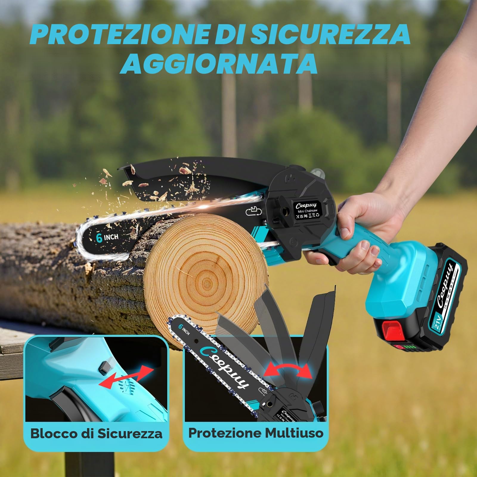 CEEPUY Mini motosega a batteria 2x4000 mAh, 6 pollici motosega elettrica senza fili con iniettore di olio e catena di ricambio, adatta per potatura di alberi da giardino (880W)