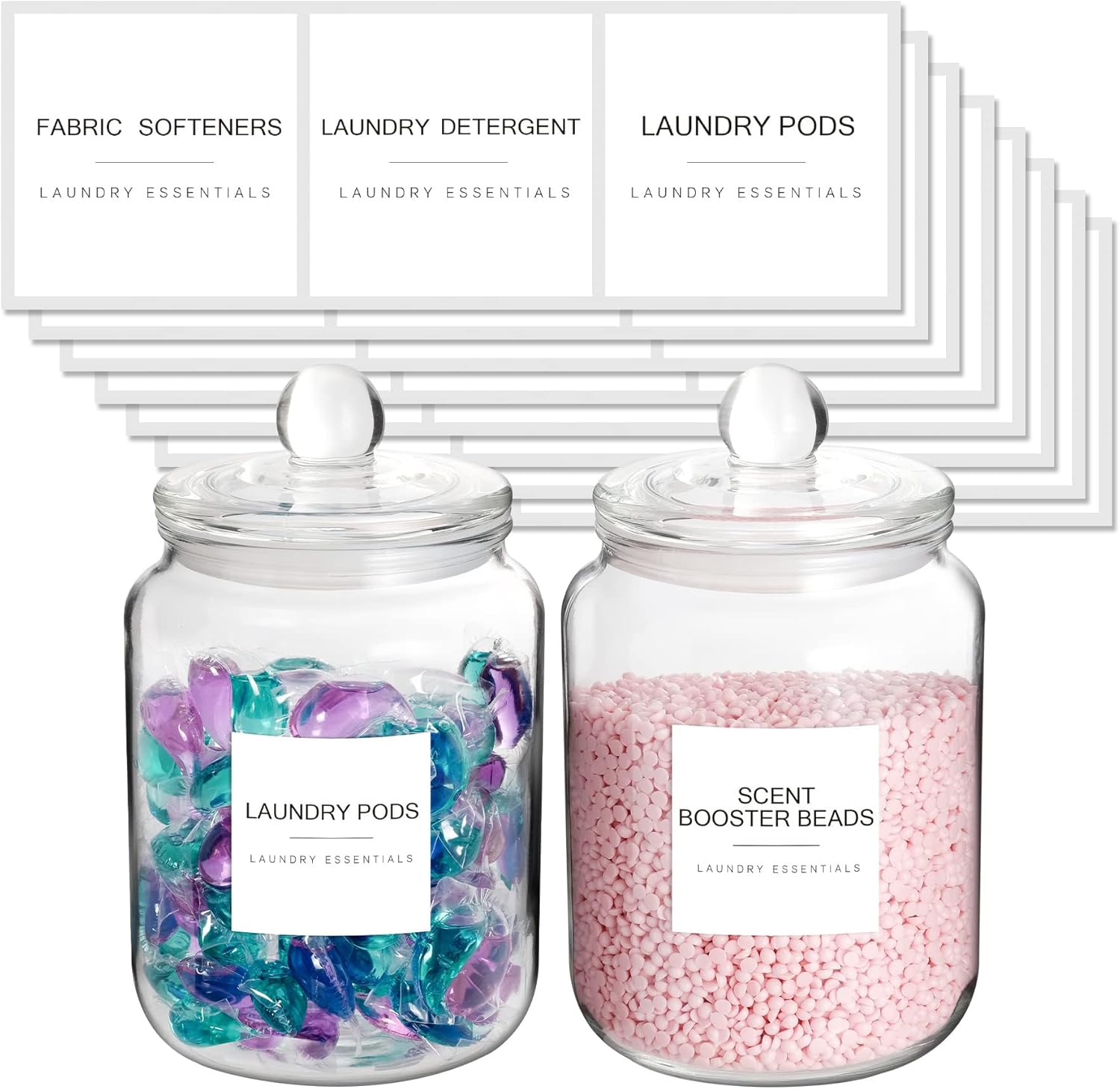 Laundry Room Organiser Jars, Laundry Storage Glass Containers with Labels and Airtight Lids