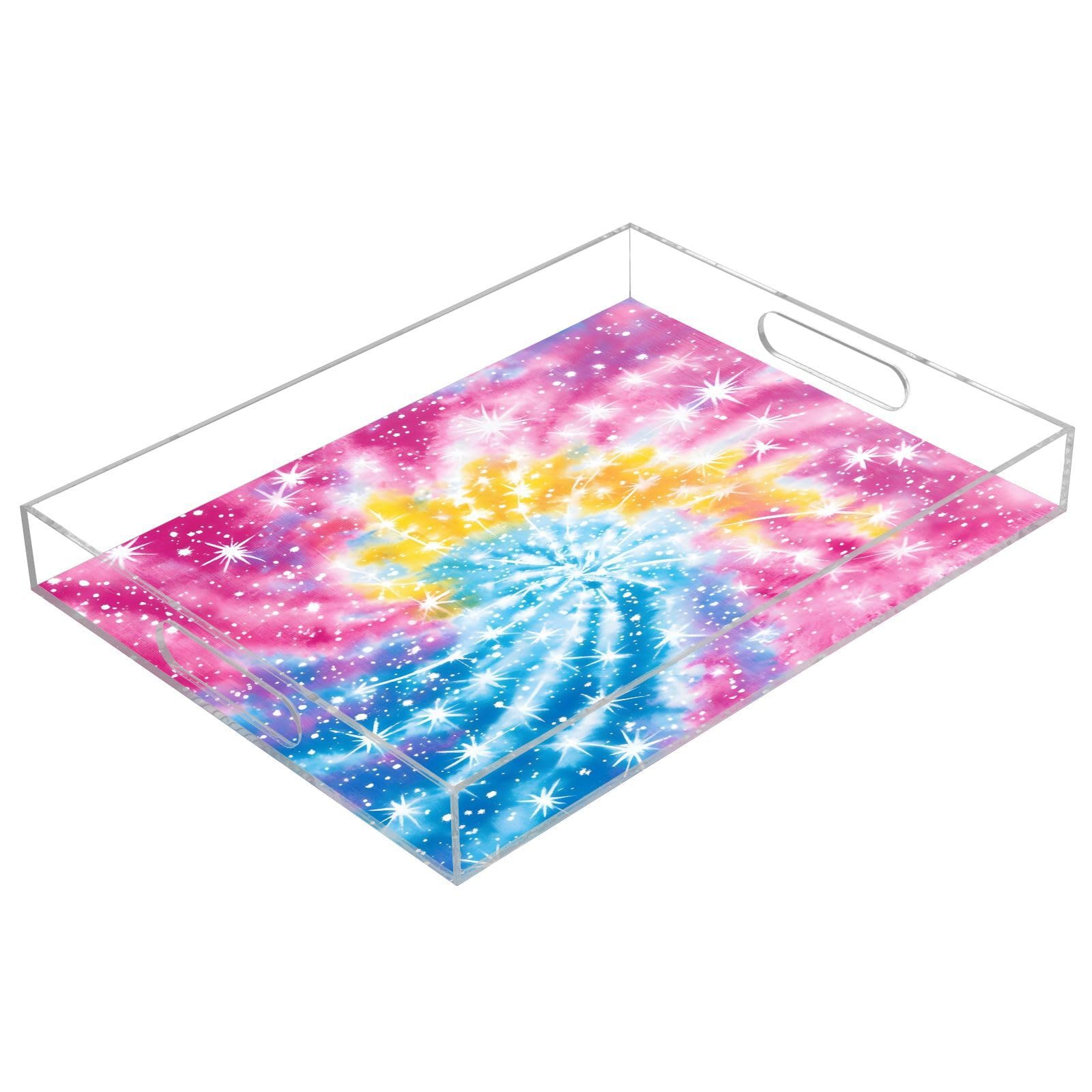 BOESI Watercolor Tie-dye Pattern Acrylic Decorative Dining Tray, Acrylic Decorative Tray Organizer with Handle for Kitchen, Dining Room, Bathroom, Dresser