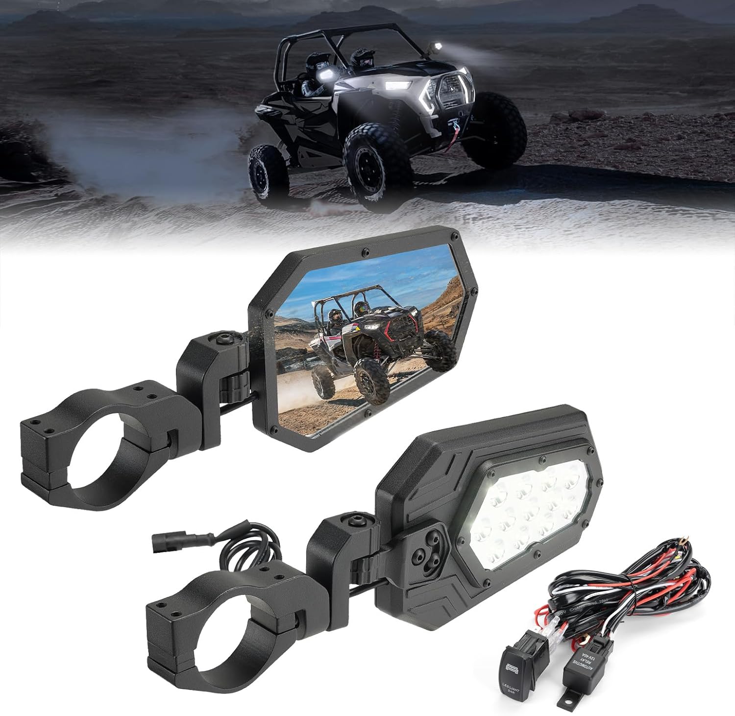 KEMIMOTO Billet Aluminum UTV Side Mirrors Lights, Fits 1.75" - 2" Roll Bar with Windshield, SXS Mirrors Bright Lights Compatible with Polaris RZR, Can-am Maverick X3, Kawasaki Teryx Mule
