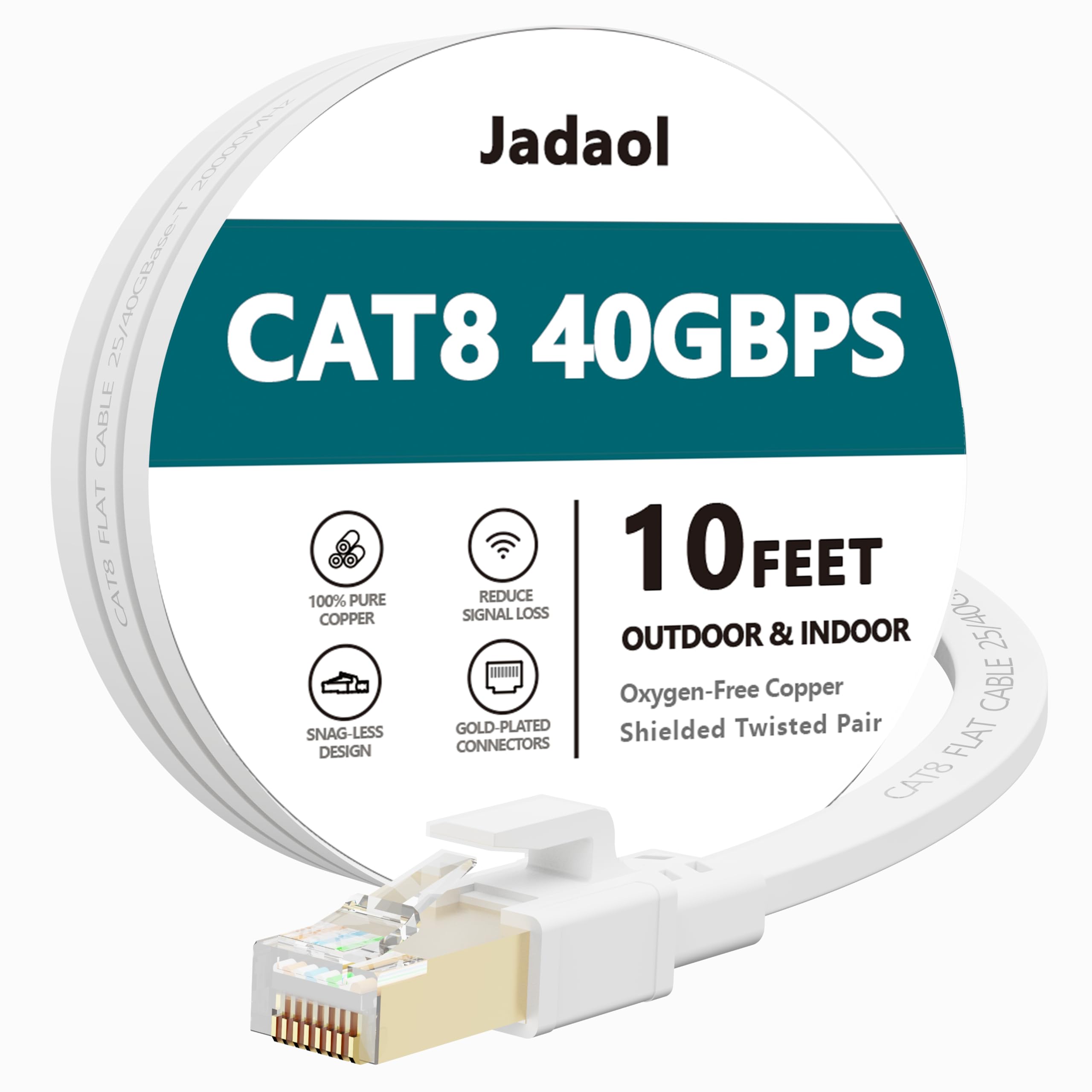 Photo 1 of Jadaol Cat 8 Ethernet Cable 10 ft, 40Gbps 2000MHz Flat RJ45 S/FTP LAN Patch Cable, High-Speed Cat8 Network Cable for Router, Modem, Switch, Gaming Consoles, PC, Home Network & Streaming Devices, White