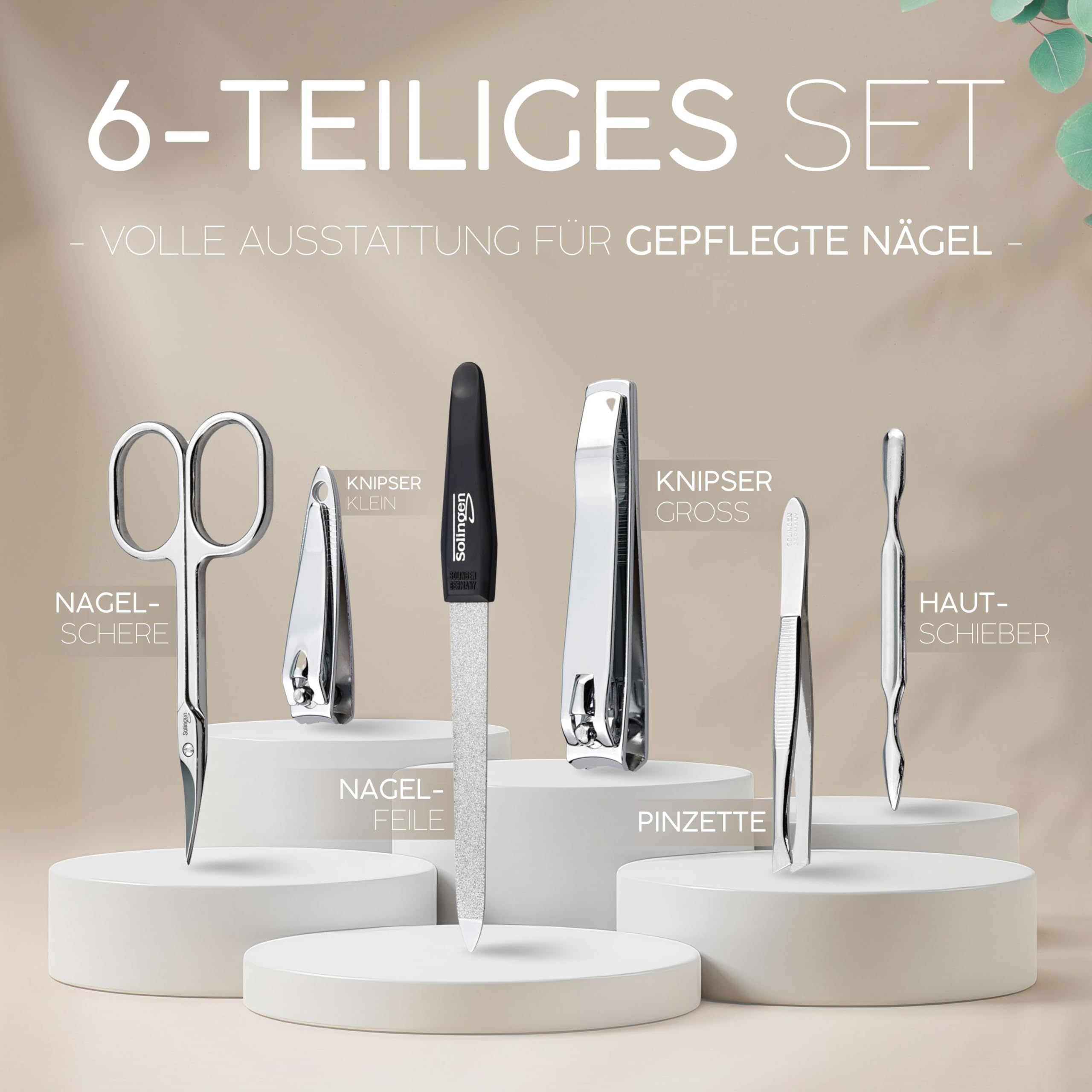 Maniküre Set Solingen mit Top Preis/Leistung - Kunst-Leder Etui handlich und weich - 6teiliges Nagelset für Damen und Herren marQus aus glanzvernickeltem poliertem Stahl