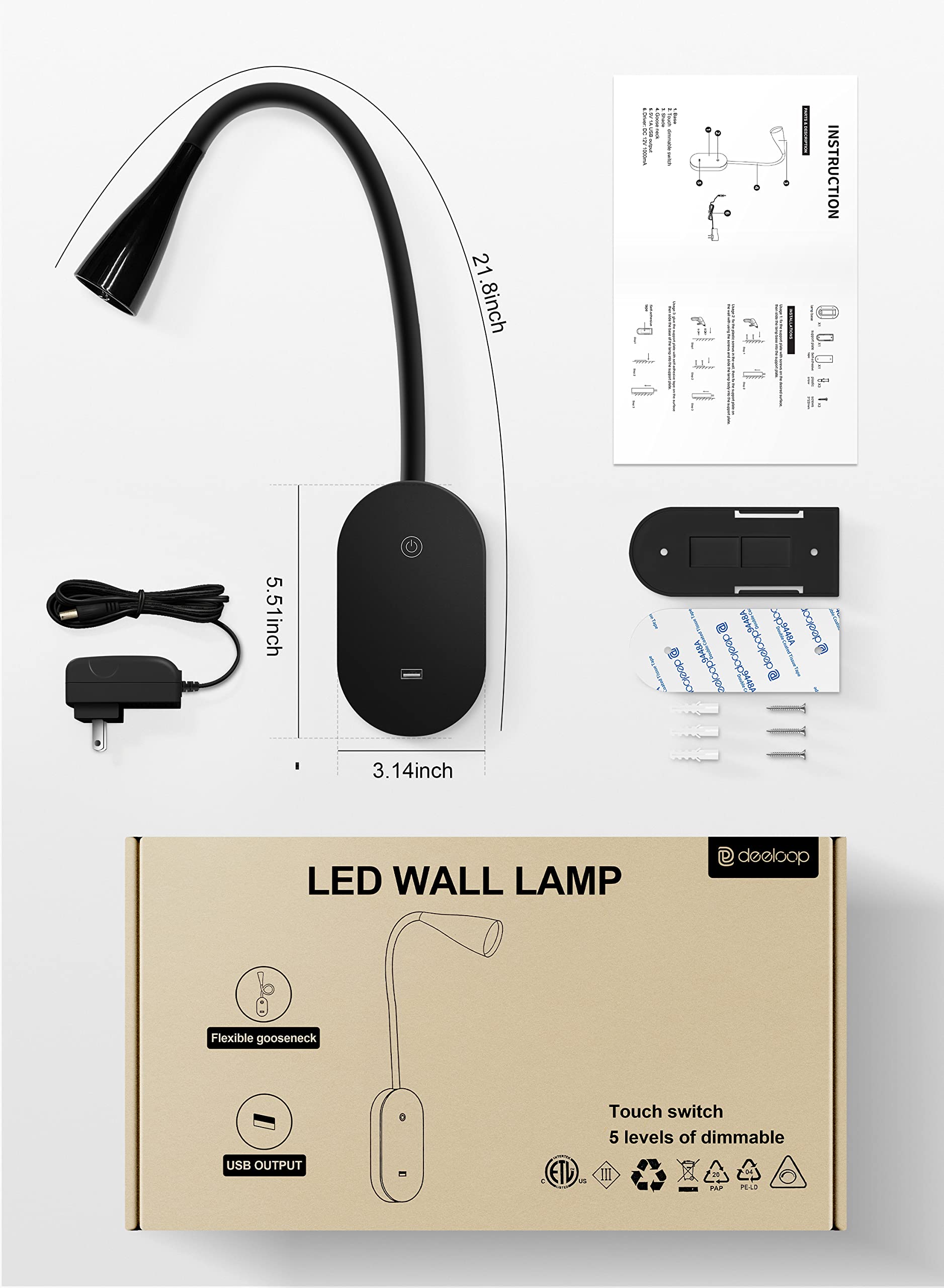 deeloop Lámpara de lectura LED para cama, lámpara de lectura con salida USB, 5 niveles de brillo, control táctil, 4000 K, lámpara de noche flexible, 2 sencillos