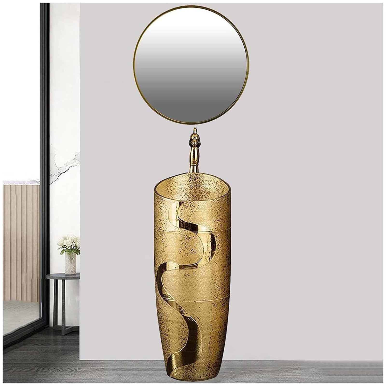 ZTGL Gold Ceramic Pedestal Sink Modern Freestanding Bathroom Sink