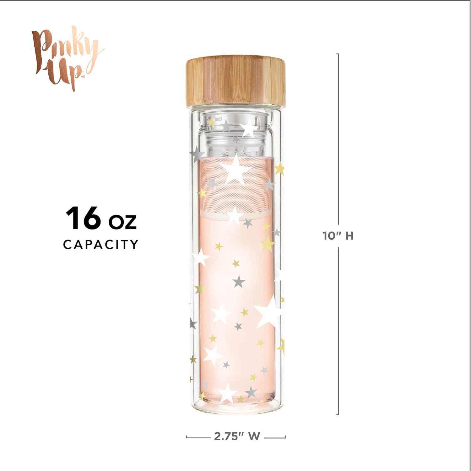 Pinky Up Blair Tea Infuser Mug with Strainer and Lid, Double Walled Glass Tumbler for Home Office, Travel, Picnic, Camping, 16 oz, Set of 1, Stars - Image 4