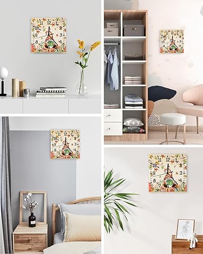 Miniatura 4 de Thanksgiving Wooden Wall Clock Silent Non Ticking, Fall Green Pumpkins Gnomes Maple Tree Leaves Square Wall Clock Battery Operated, Decor Clock for