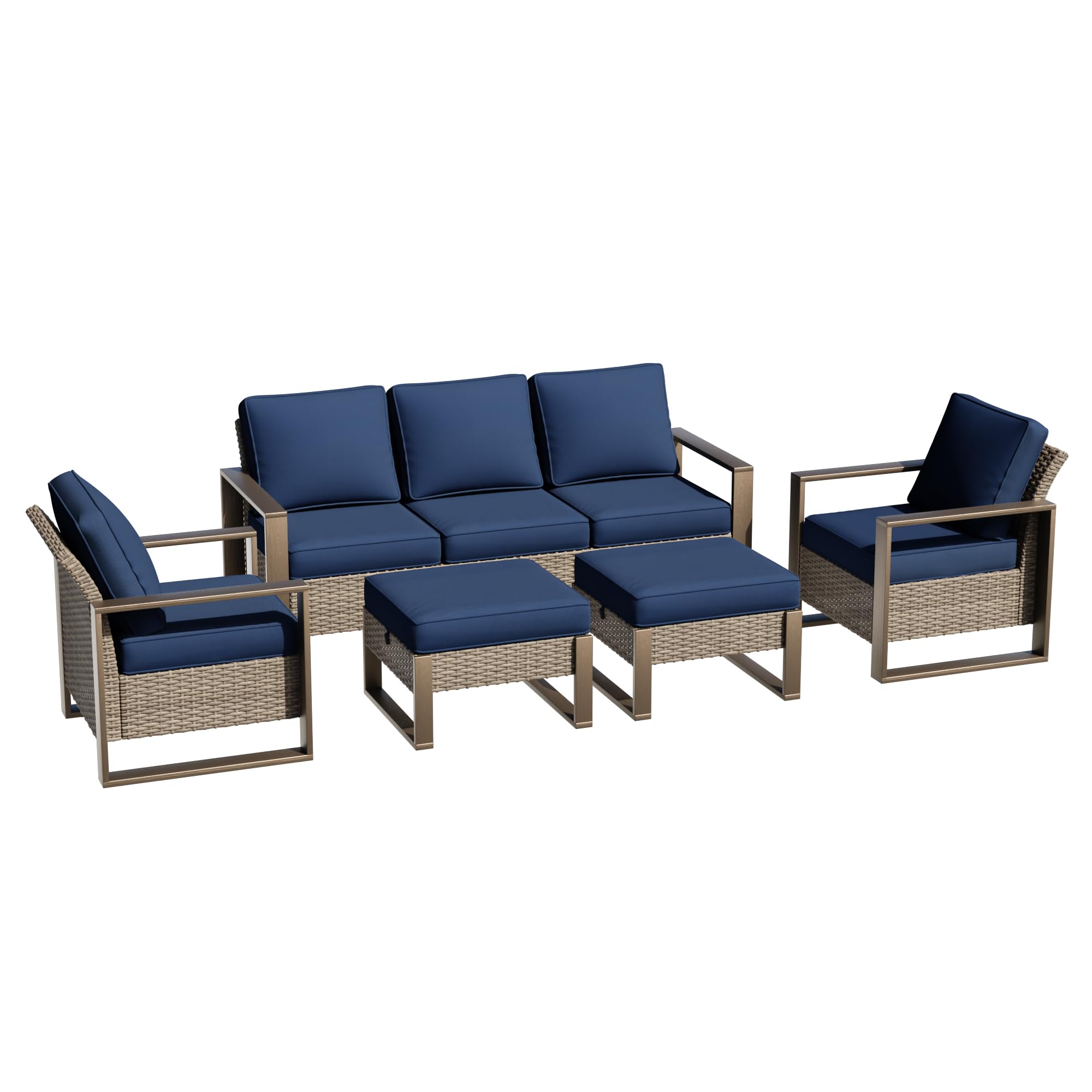 MeetLeisure 5 Pieces Metal Wicker Patio Furniture Set - 75" Sofa, Two Armchairs and Two Ottomans, All Weather Rattan Outdoor Conversation Furniture