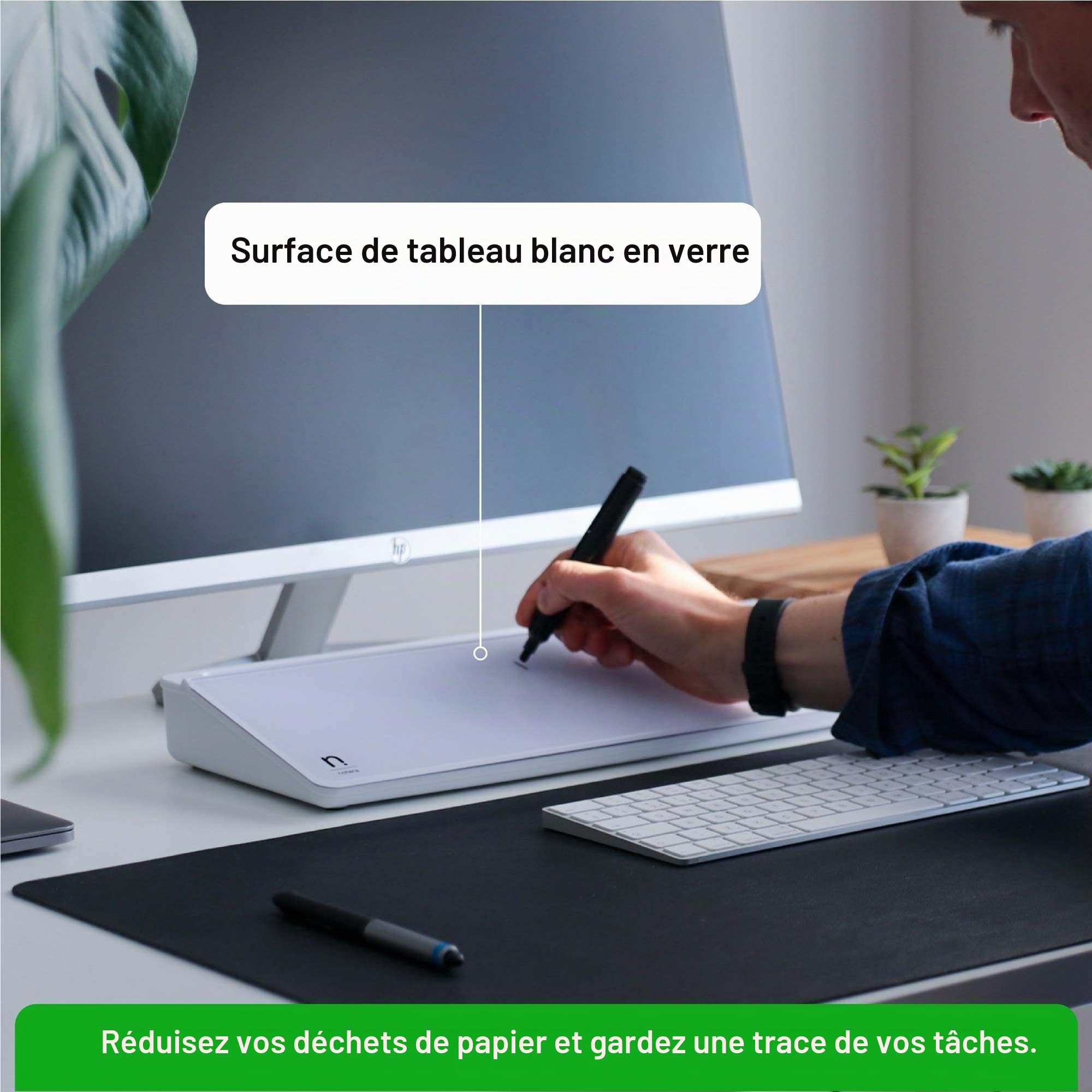 Wedge Tableau Blanc de Bureau & Organiseur de Rangement - Tableau Blanc en Verre Tout-en-Un & Rangement d'Accessoires de Bureau à Domicile (Blanc, 40 cm)