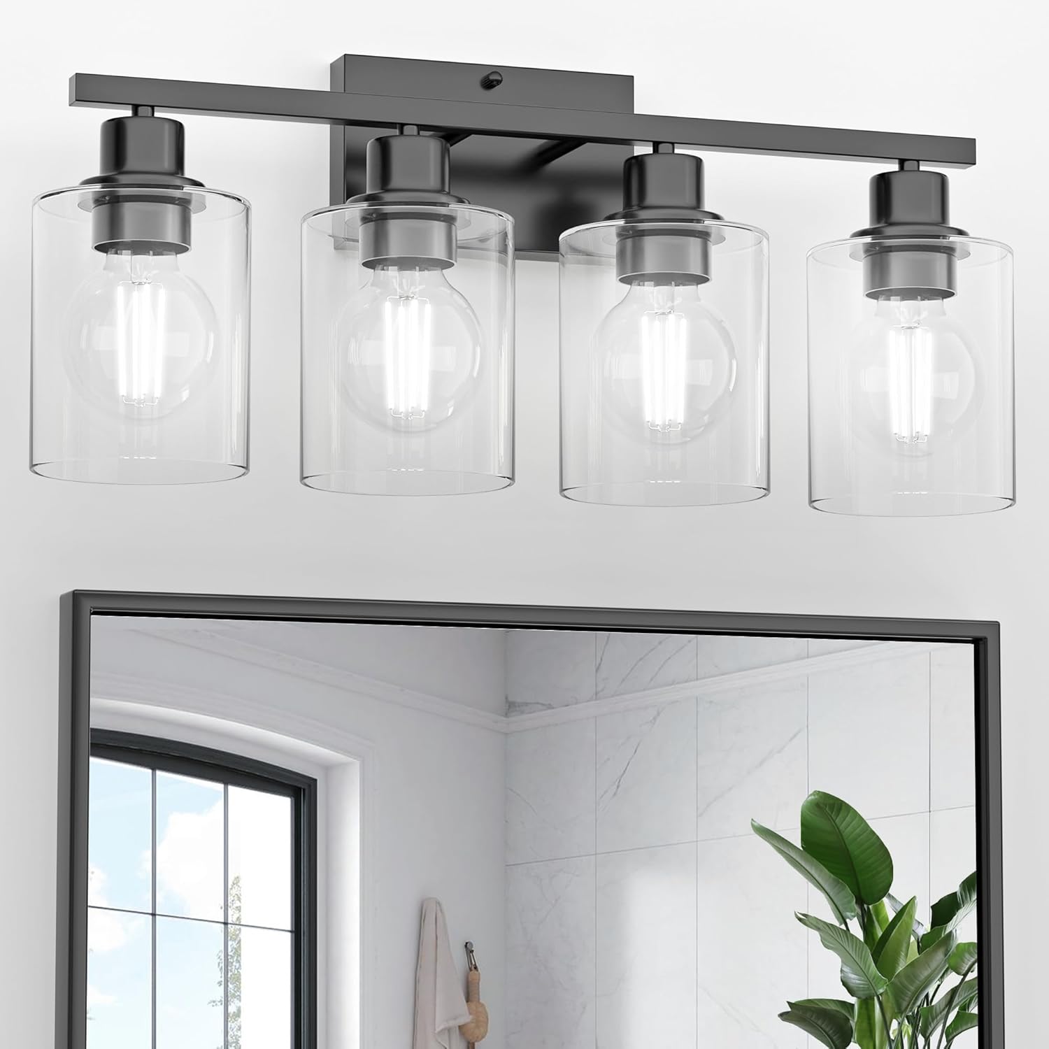 Bathroom Lights Over Mirror, 4-Light Black Vanity Light for Bathroom, 24Inches Anti-Rust Modern Wall Sconce, Standard E26 Base, Clear Glass Shades, Bulbs Not Included Black-4Light