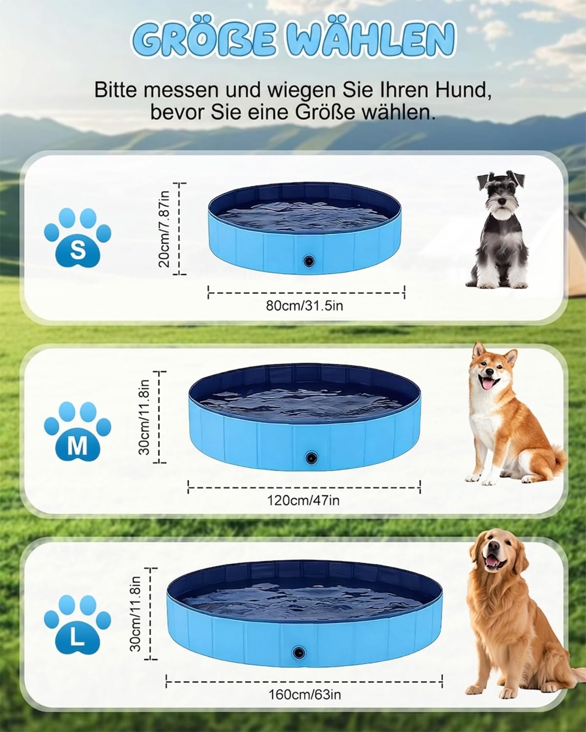 Hundepool für Große Hunde, Faltbarer Pool, Robustes Schwimmbecken mit Rutschfestem Boden, Planschbecken für Haustiere & Kinder, Langlebige Badewanne für Garten und Sommer (120 x 30 cm)