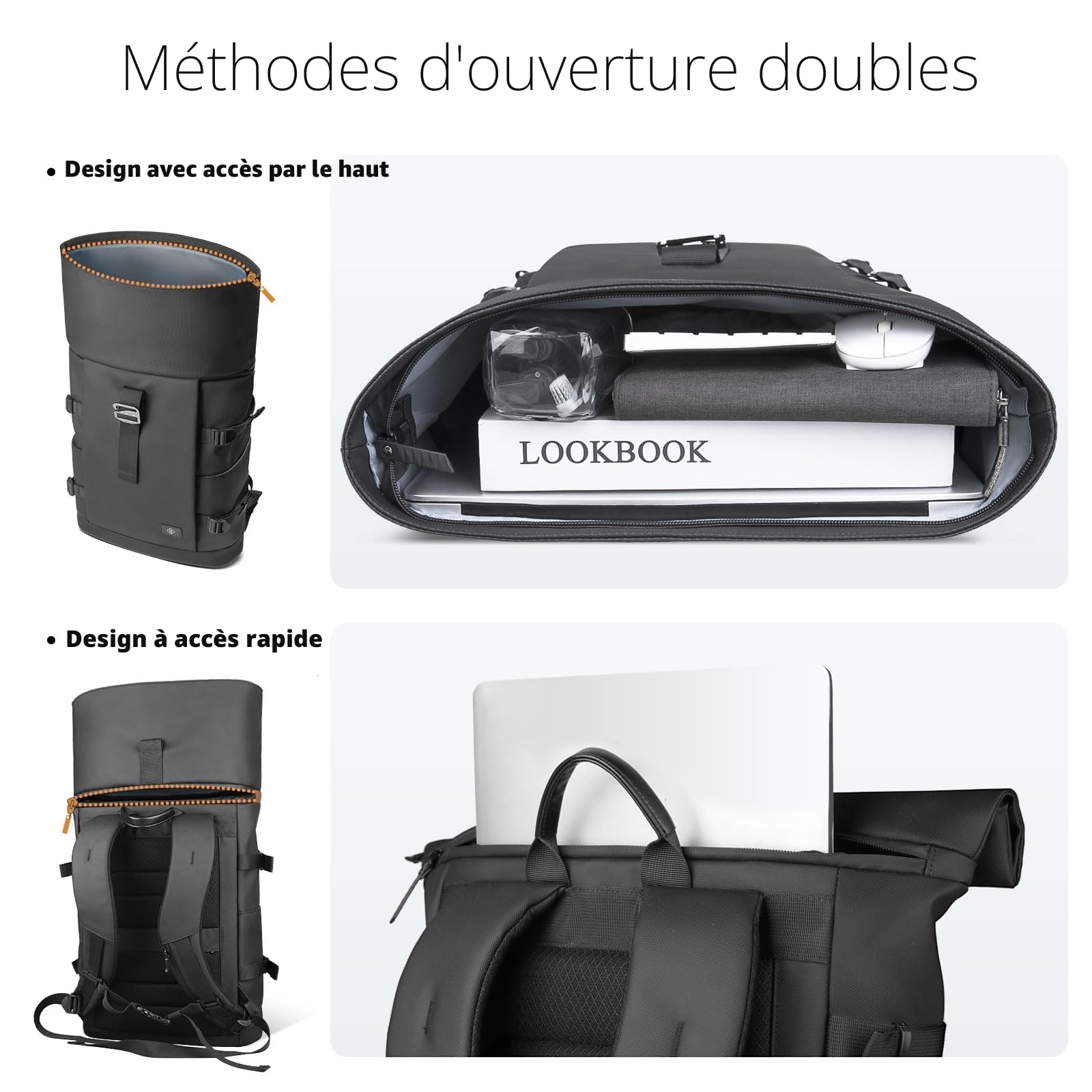 hk Sac à Dos Rolltop étanche Antivol Sac à Dos Ordinateur Portable 15.6 Pouces Grand Extensible 28l pour Hommes Femmes Travail Voyage Université