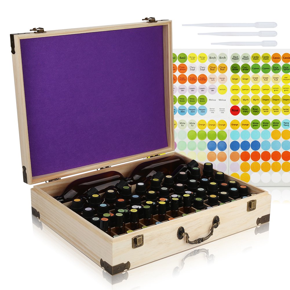 Essential Oil Wooden Box - Storage Case with Handle 60 Slots Holds 2-500ml Total 100 Bottles & Roller Balls