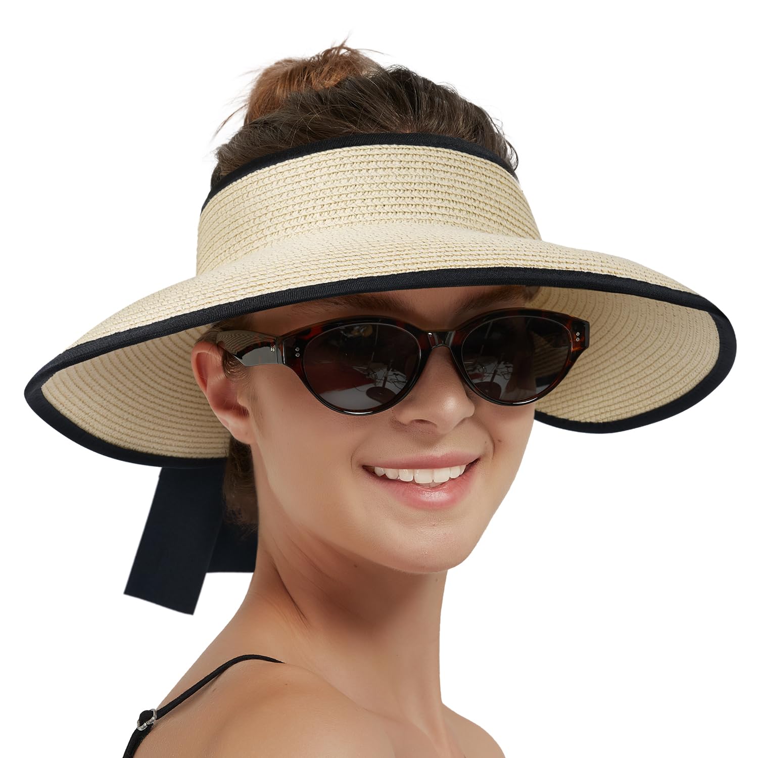 Creekstone Women's Beige With Black Rim Sun Visor Hats For Straw Visor Wide Brim Uv Protection Packable Summer Beach Hat Ponytail Travel Upf 50+ (Uk, Alpha, One Size, )
