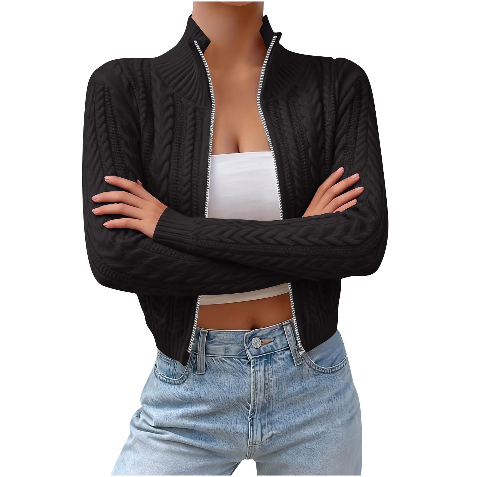 Womens Zip Up Cardigan Cropped Turtleneck Sweater Long Sleeve Ribbed Knit Cardigans Open Front Collared Cardigan