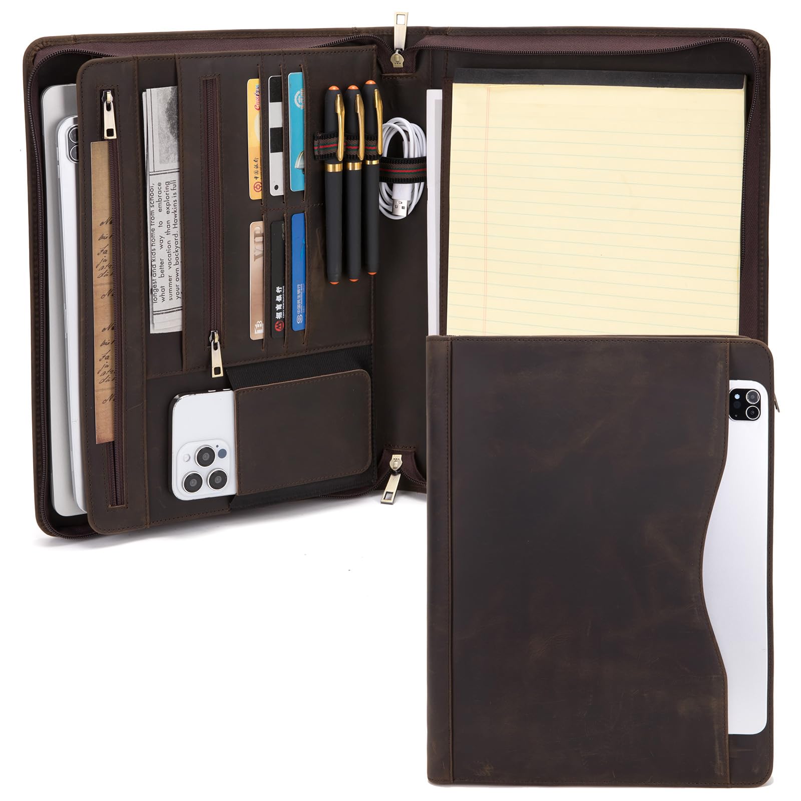Geslun Genuine Leather Portfolio with Front Pocket, 8.5 x 11 Legal Pad Padfolio, Executive Zippered Notebook Organizer, 13” Laptop Sleeve, Business