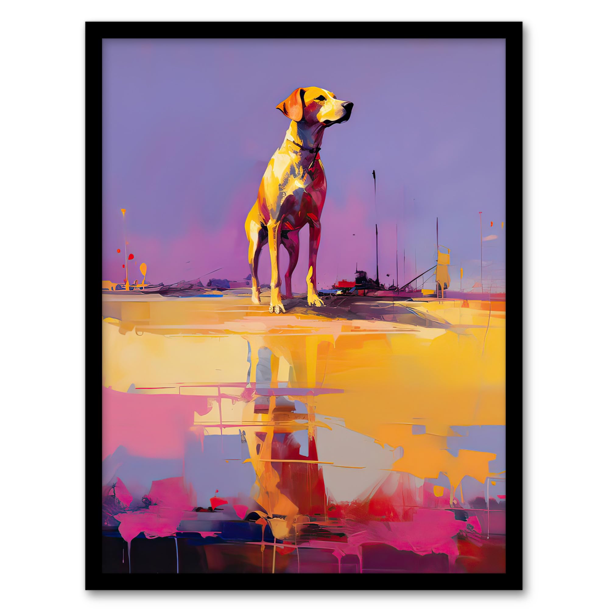 Artery8 Beach Reflections Dog Portrait Purple Orange Pink Artwork Framed Wall Art Print 18X24 Inch
