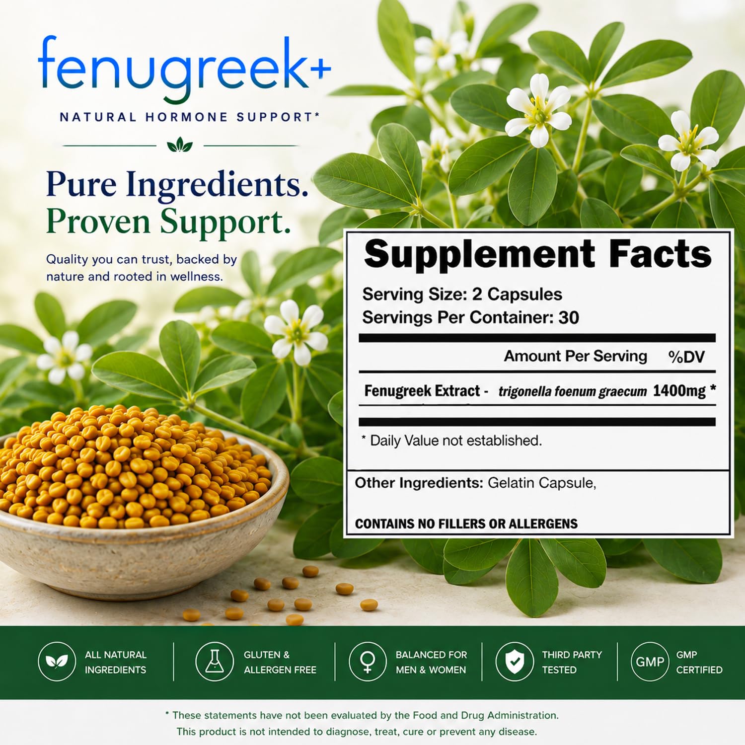 VH Nutrition Fenugreek+ 1400mg Capsules for Men & Women, 60 Count — Amazon image 6