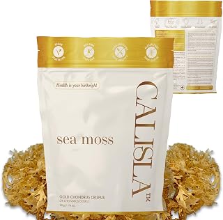 Calisla - Gold Wildcrafted Sea Moss Organic Raw Gel - Ethically Harvested from Peru - 2 Month Supply of SeaMoss Raw Organic – Gluten-Free, Non-GMO, Vegan, Nutrient-Rich Irish SeaMoss, 50g, 1.76 Oz