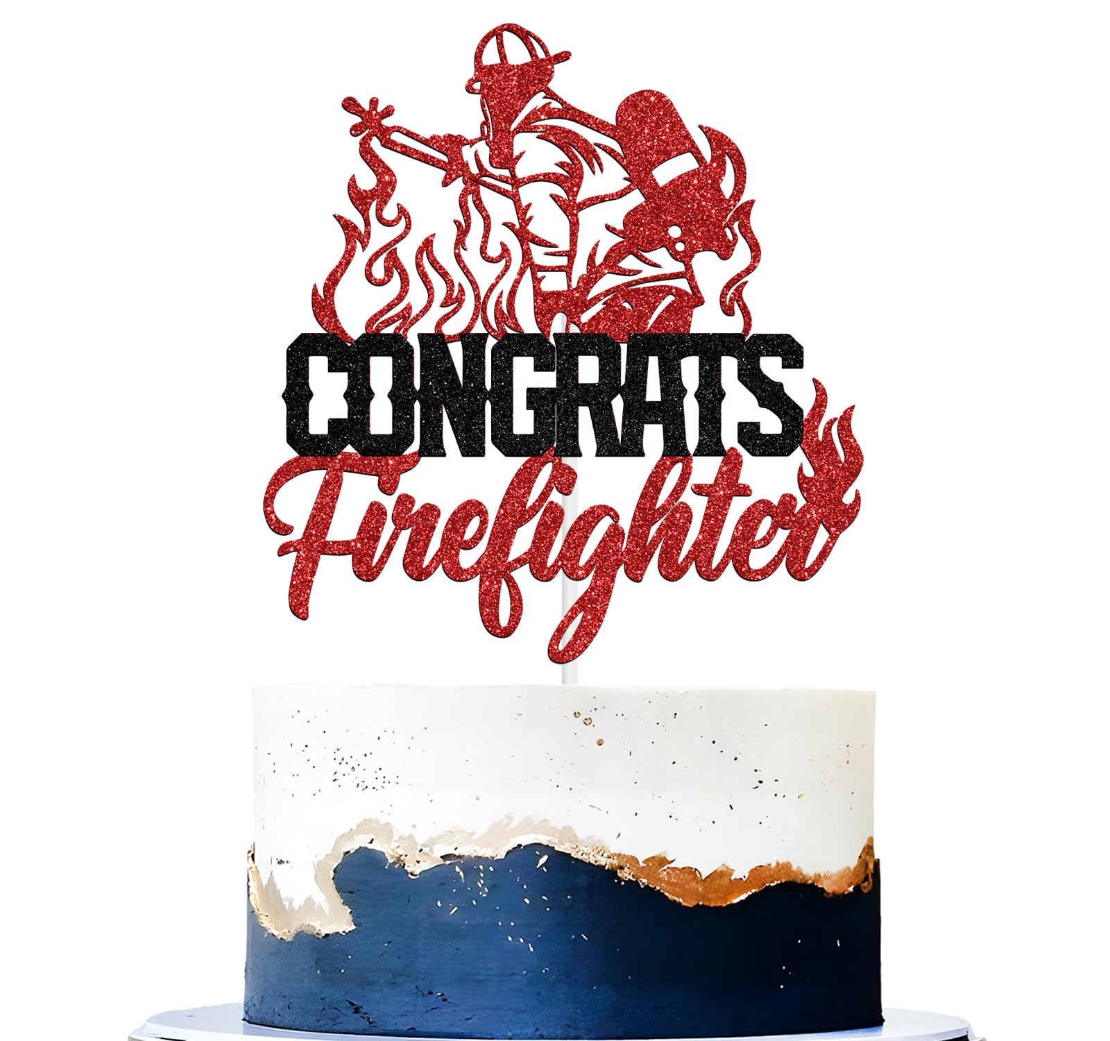 Congrats Firefighter Cake Topper, Class of 2026/Congrats Grad, Fire Department Graduation Party Decoration Supplies for Fireman, Black and Red Glitter