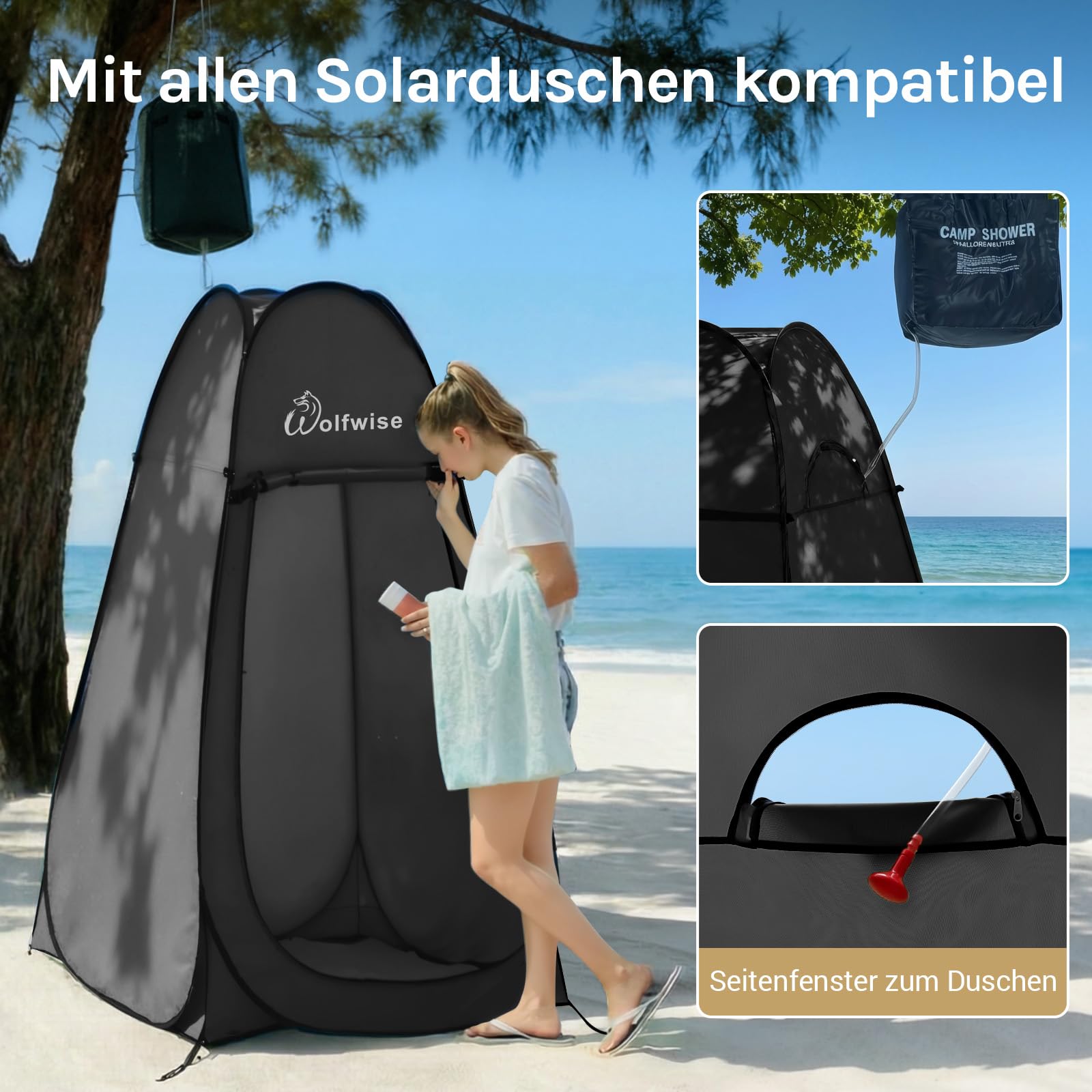 WolfWise Pop-Up Duschzelt Camping & Umkleidezelt – Kompakt & Leicht 2kg mit Tasche, Schneller Aufbau, WC- und Privatzelt, Wasserfest, UV-Schutz, Outdoor, Strand, Wandern, 1,9m/2,1m, Schwarz/Grün/Blau