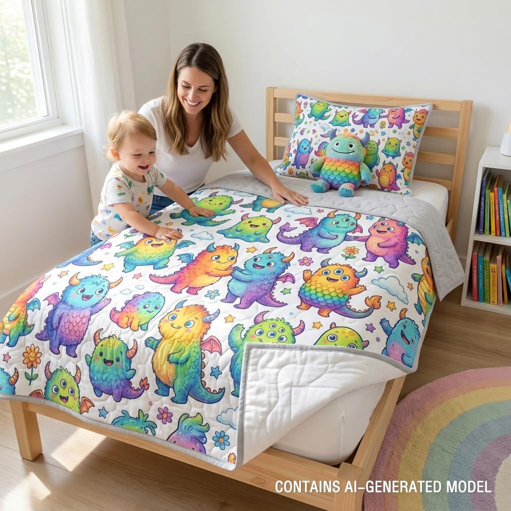 Cartoon Monster Quilt Set for Kids Bed, Colorful Rainbow Creature Pattern, Soft Lightweight Microfiber Bedding for Boys Girls Children Bedroom and Playroom, Includes Quilt and Shams, Twin