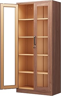 - Display Cabinet with Glass Doors, 71 Inches Metal Display Case with 4 Adjustable Shelves, Curio Storage Cabinet with Lock for Home, Office, Book, Pantry, Assemble Required (Wood Color)