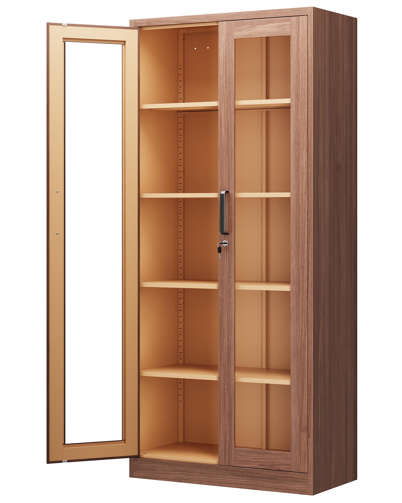 Display Cabinet with Glass Doors, 71 Inches Metal Display Case with 4 Adjustable Shelves, Curio Storage Cabinet with Lock for Home, Office, Book, Pantry, Assemble Required (Wood Color)