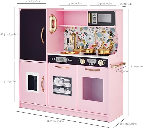 Miniatura 7 de Best Choice Products Juego de juguetes de madera para niños con diseño realista, teléfono, utensilios, horno, microondas, fregadero, rosa floral