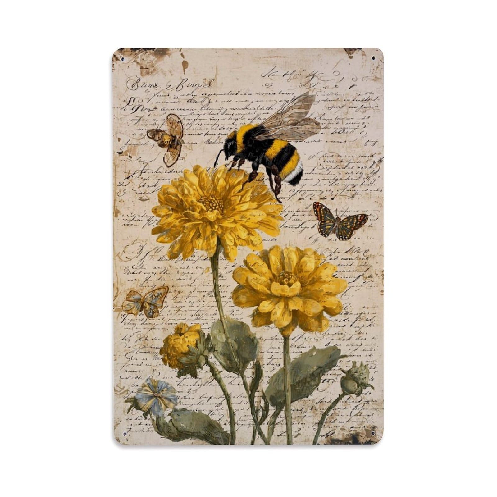 Bee And Butterflies On Flowers Tin Sign Metal Poster Vintage Metal Signs for Home Man Cave Bar Cafe Kitchen laundry room Wall Decorations Gift 8x12Inch