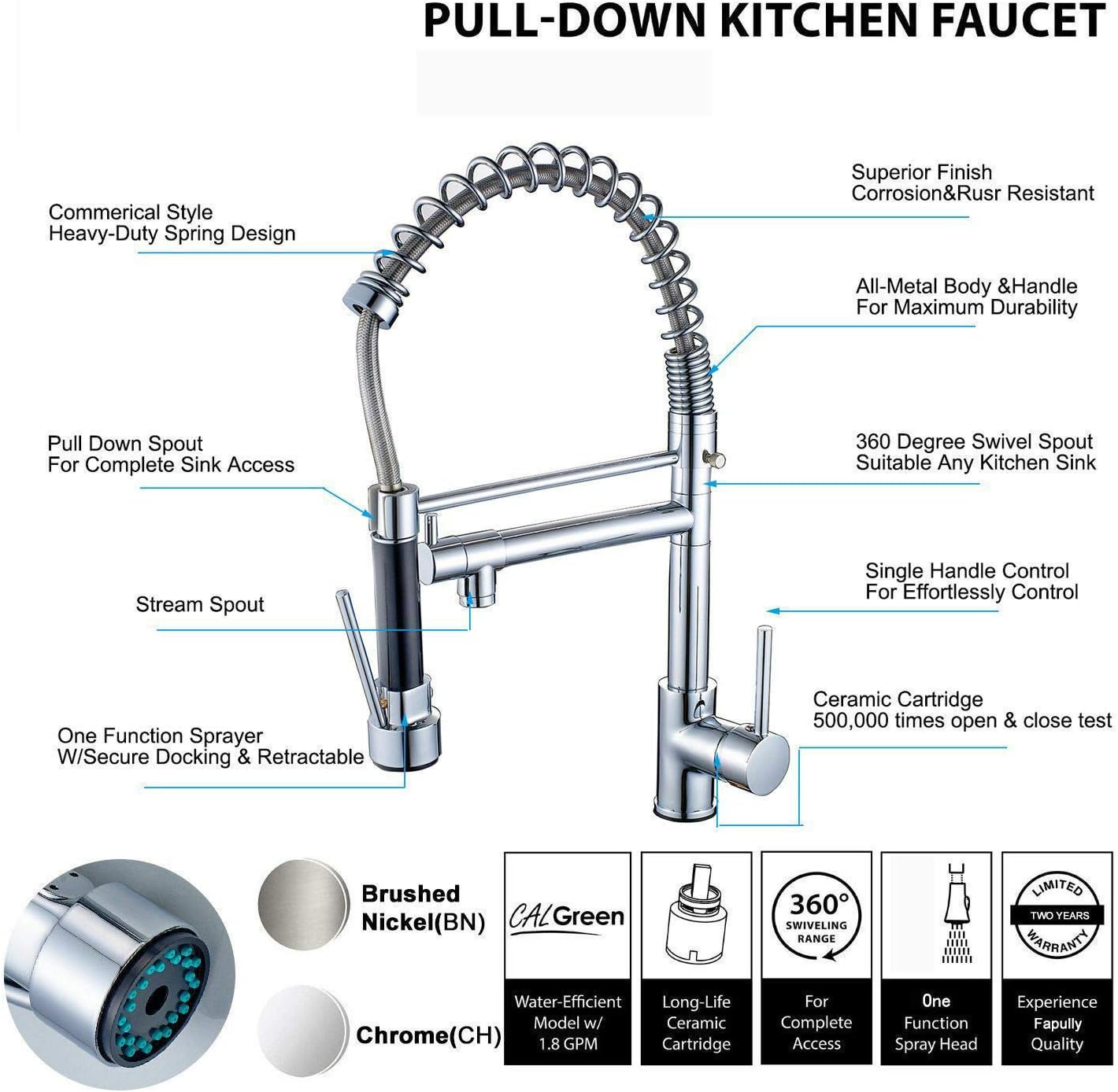 Black Friday - 80% OFF NWC Chrome Kitchen Faucet Swivel Spout, Single Handle Sink Pull Down Spray