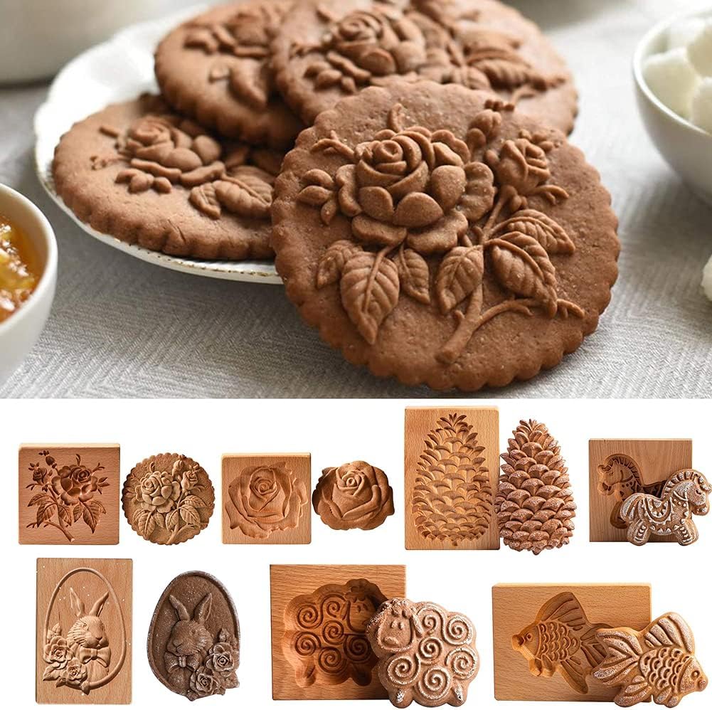 Keksformen aus Holz, Kekse, geschnitzte, 3D-Backen, Küche DIY Keksausstecher Lebkuchen Keksstempel Kekspressstempel ，Ausstechformen