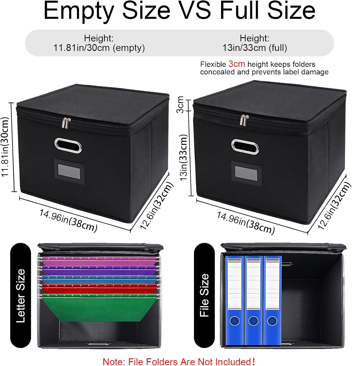8 Pack File Organizer Boxes with Lids, Collapsible Document Storage Bin with Mesh Pockets & Zipper, Fits Letter/Legal Size Folders for Home Office Moving Classroom Organization (Black, No Folders)