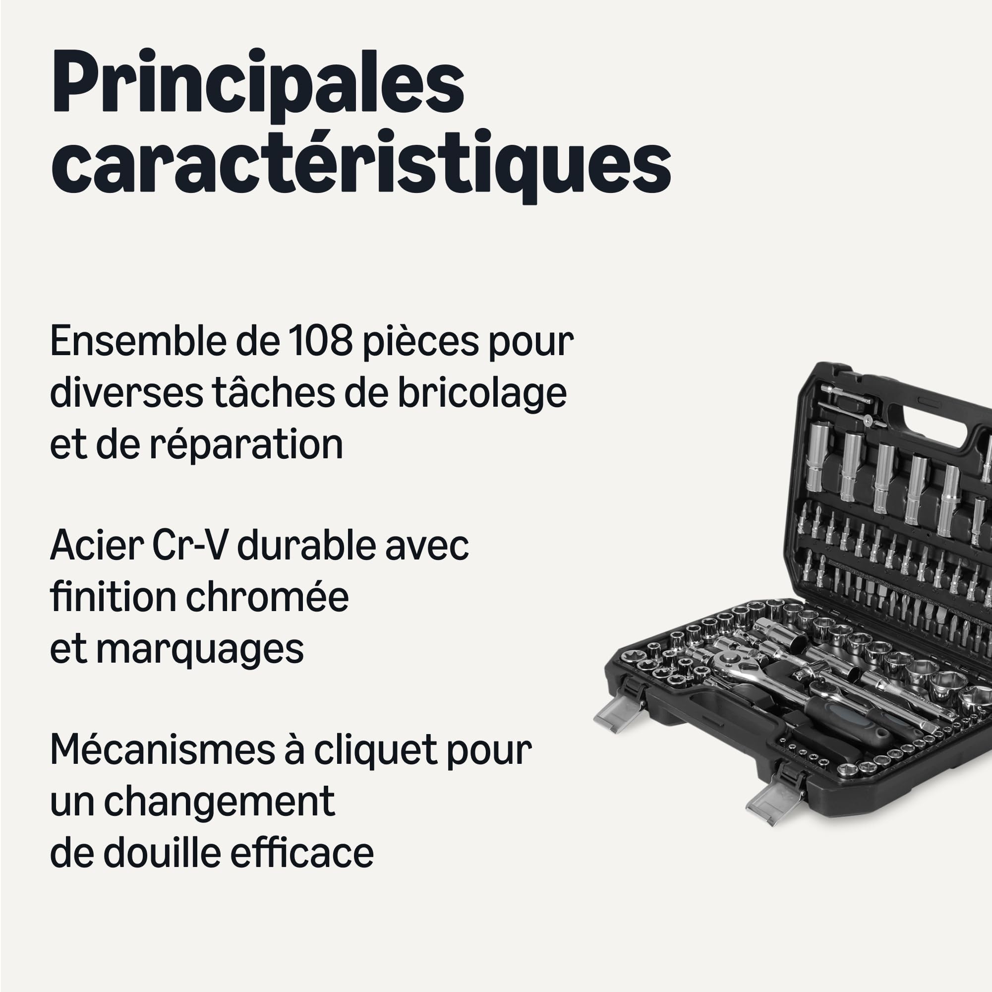 Amazon Basics Lot de 108 douilles avec cliquets, rallonges et embouts comprend un étui de rangement