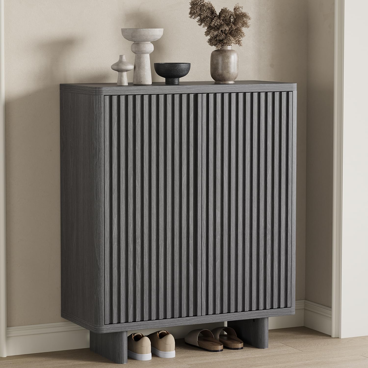 Garvee 31.6 Inch Shoe Cabinet with Fluted Door, 5-Tier Storage with 4 Adjustable Shelves, Rustic Entryway Shoe Bench for Hallway & Foyer