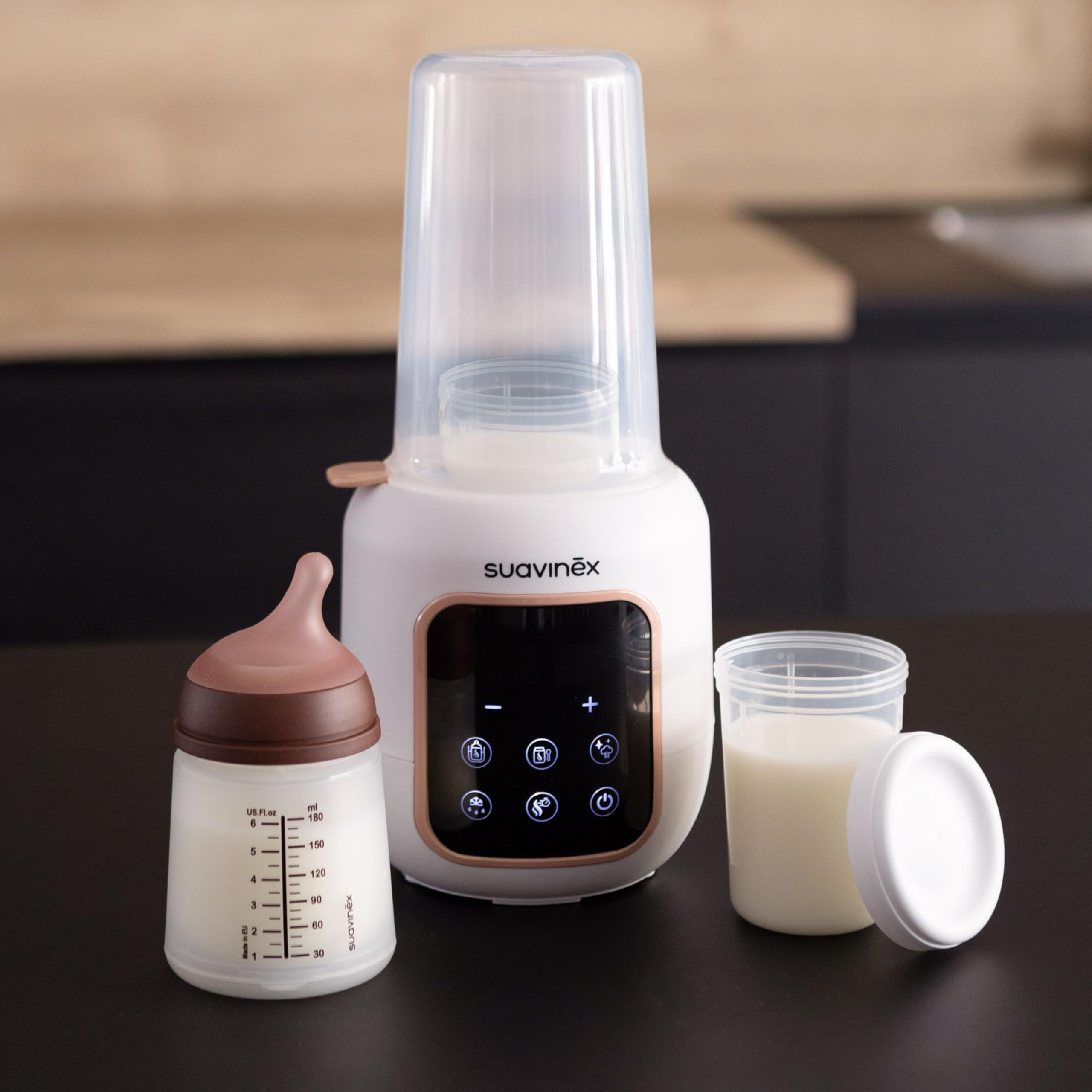 Suavinex, Scaldabiberon e Sterilizzatore 2 in 1, Sterilizza biberon e ciucci, Scalda e Scongela Biberon, Latte Materno e Omogeneizzati, con Modalità Rapida e Spegnimento Automatico, Facile da Usare