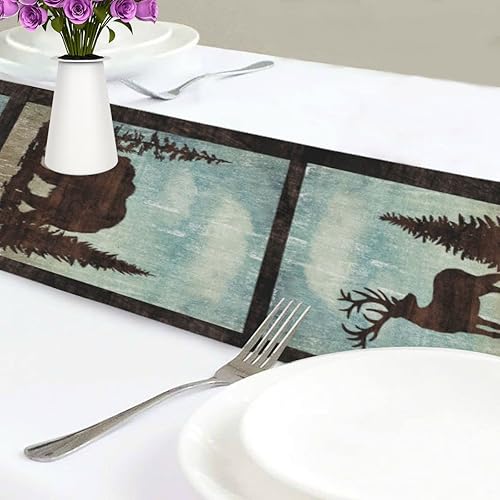 Miniatura 6 de Camino de mesa vintage de oso y ciervos de 13 x 70 pulgadas, estilo retro de animales del bosque occidental, estilo de vida silvestre, alce, alce,